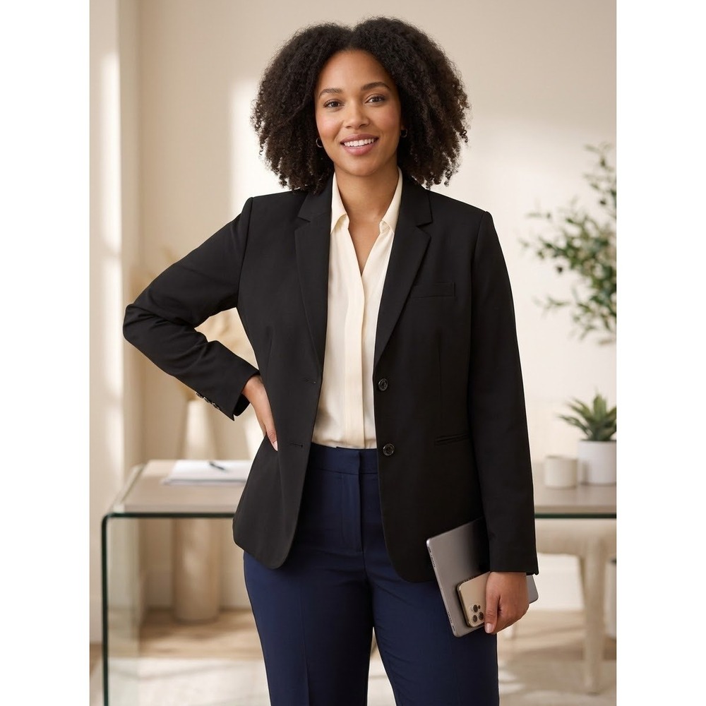 Classic Two Button Larry Levine Black Cotton Blend Blazer Size 14